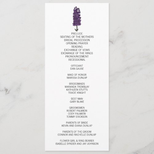 Minimalist Purple Larkspur Wedding Program