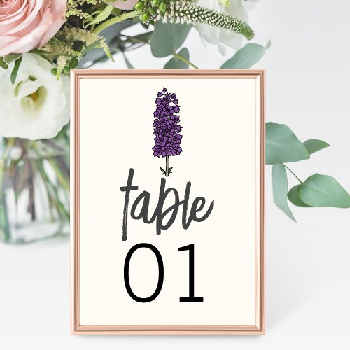 Minimalist Purple Larkspur Wedding Table Number