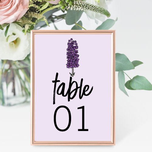 Minimalist Purple Larkspur Wedding Table Number