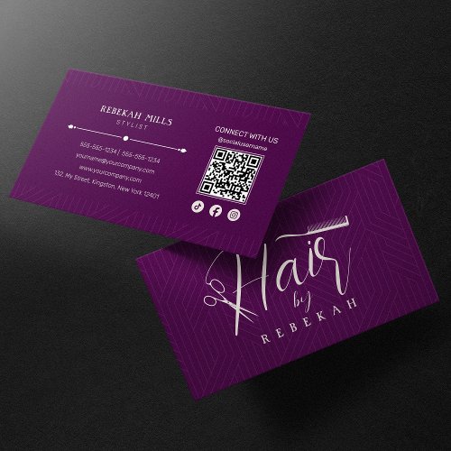 Minimalist Purple Pattern Hairstylist QR Code Business Card