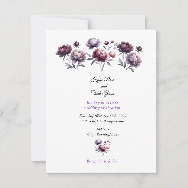 Minimalist Purple Peonies Wedding Invitation (Front)