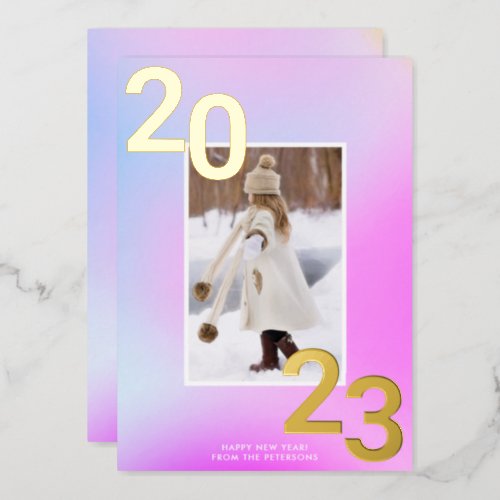 Minimalist purple pink holographic 2023 photo foil holiday card