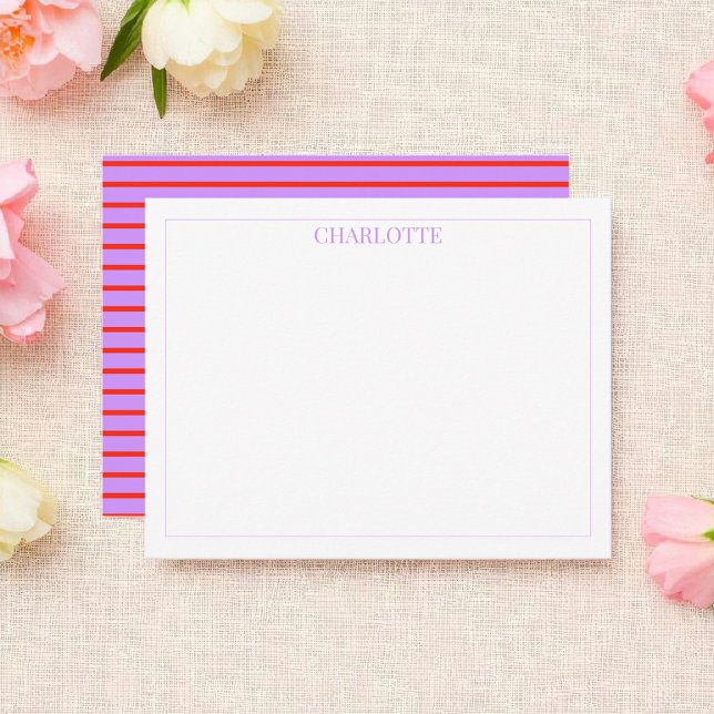 Minimalist Purple & Red Stripes Classic Chic  Note Card (Creator Uploaded)