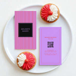 Minimalist Purple & Red Stripes QR Code Bakery Business Card