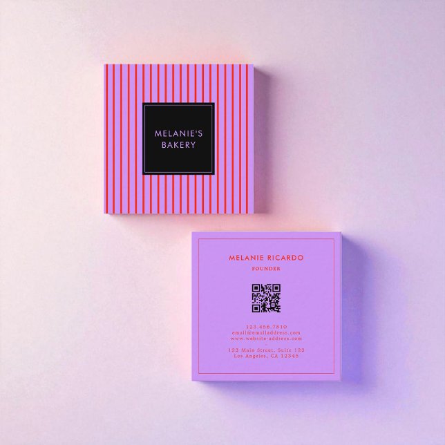 Minimalist Purple & Red Stripes QR Code Bakery  Square Business Card (Creator Uploaded)