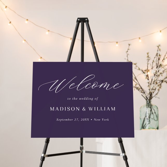 Minimalist Purple Script Wedding Welcome Sign (In Situ (Stand))