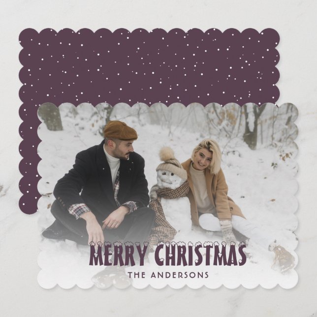Minimalist Purple Snowy Photo Merry Christmas Card (Front/Back)