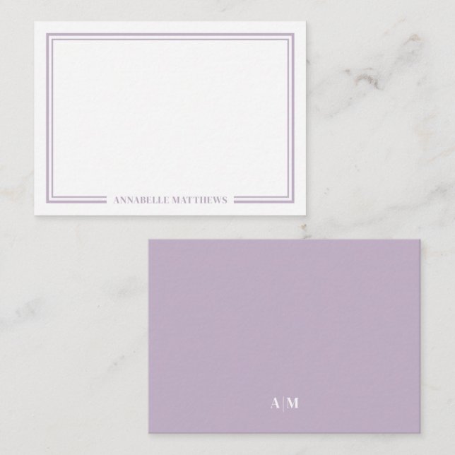 Minimalist Purple Two Border Monogram Note Card (Front/Back)