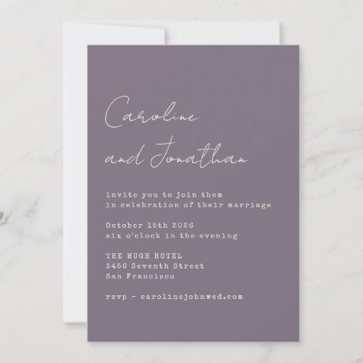 Minimalist Purple Typewriter Script Font Wedding Invitation Zazzle