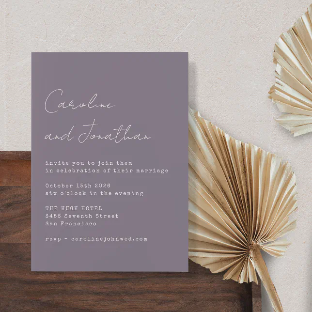 Minimalist Purple Typewriter Script Font Wedding Invitation Zazzle