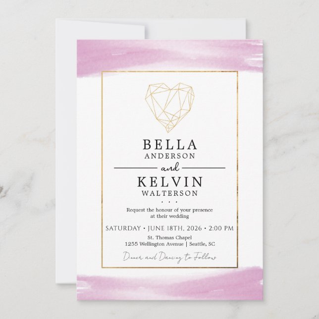 Minimalist Purple Watercolor Gold Heart Invitation (Front)