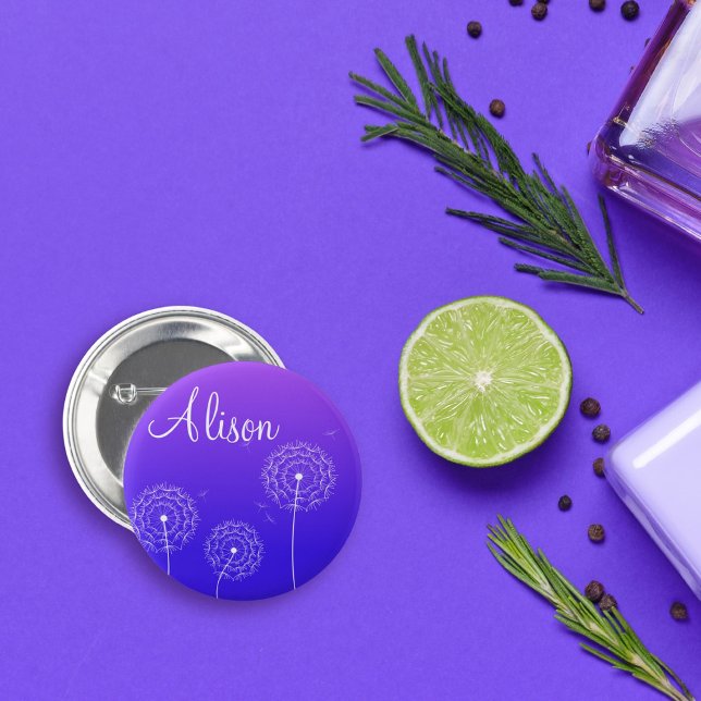 Minimalist Purple White Dandelion Flowers Name Pinback Button (Creator Uploaded)