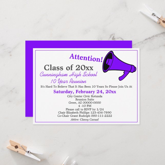 Minimalist Purple White High School Class Reunion Invitation (Front/Back In Situ)