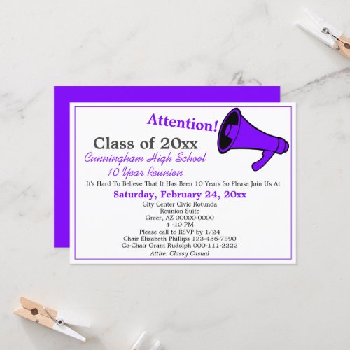 Minimalist Purple White High School Class Reunion Invitation