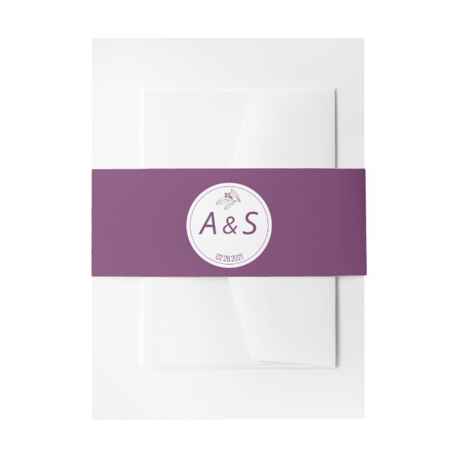 Minimalist Purple White Initials Date Wedding Invitation Belly Band (Front Example)