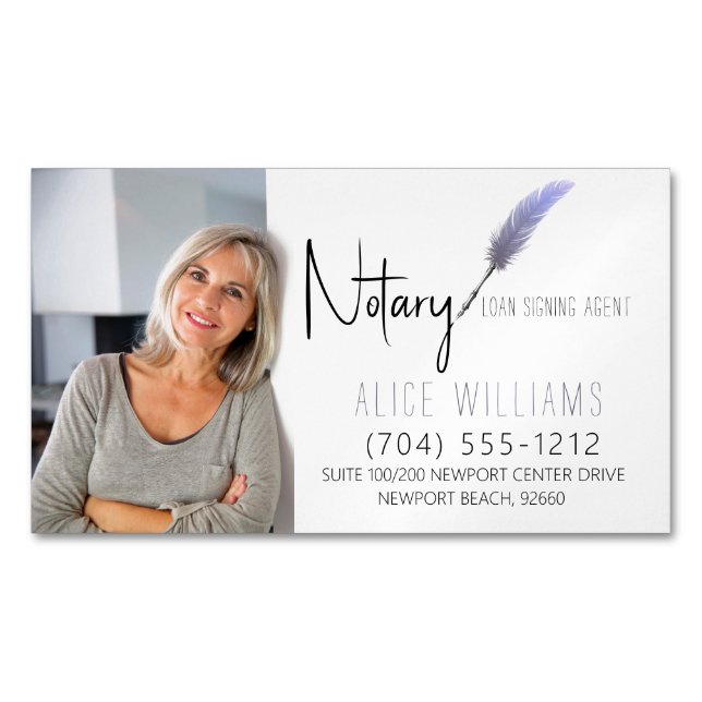 Minimalist Purple & White Notary Photo Business Card Magnet (Front)
