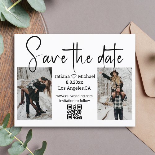 minimalist qr code 2 photos collage save the date  announcement postcard