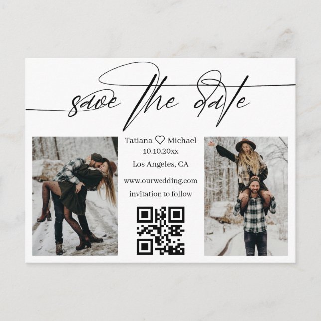 minimalist qr code 2 photos save the date  announcement postcard (Front)