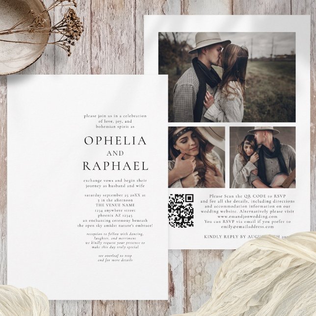 Minimalist QR Code 3 Photos Bohemian Wedding Invitation (Front and back view)