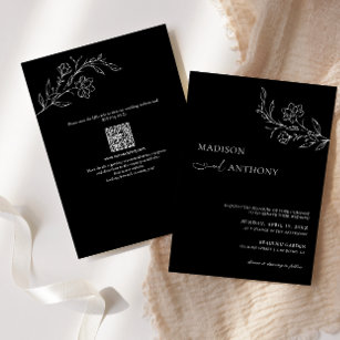 Minimalist QR Code Black Floral Line Art Wedding  Invitation