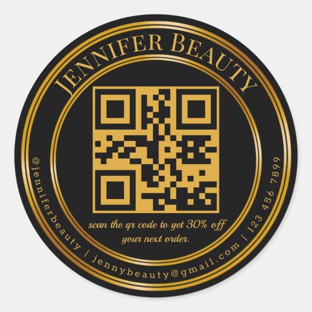 minimalist qr code  business gold black classic round sticker (Front)