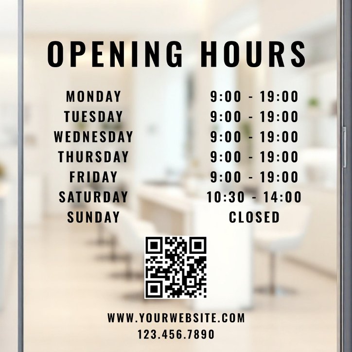 Minimalist QR Code Business Opening Hours Black Window Cling