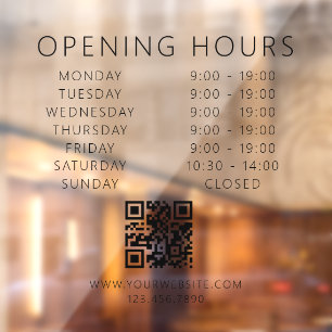 Minimalist QR Code Business Opening Hours Black Window Cling
