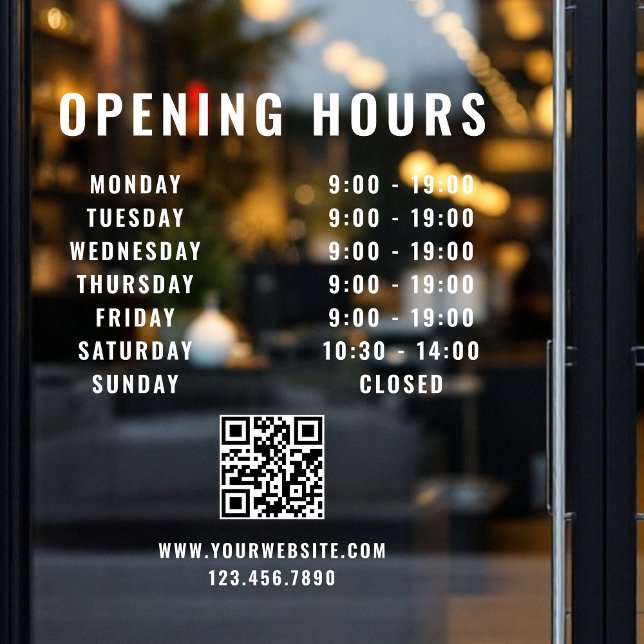 Minimalist QR Code Business Opening Hours White Window Cling (Creator Uploaded)