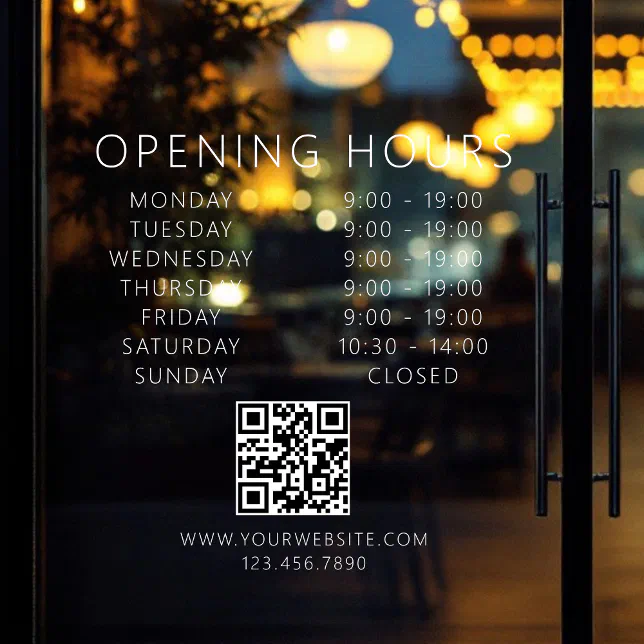 Minimalist QR Code Business Opening Hours White Window Cling | Zazzle
