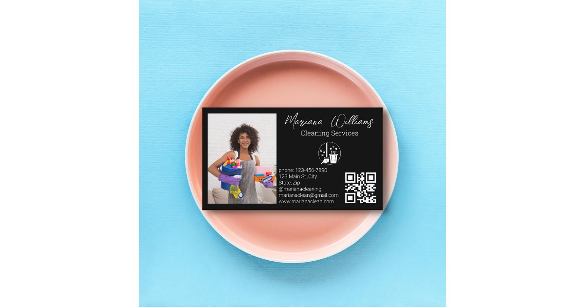 minimalist qr code cleaning services photo black business card | Zazzle