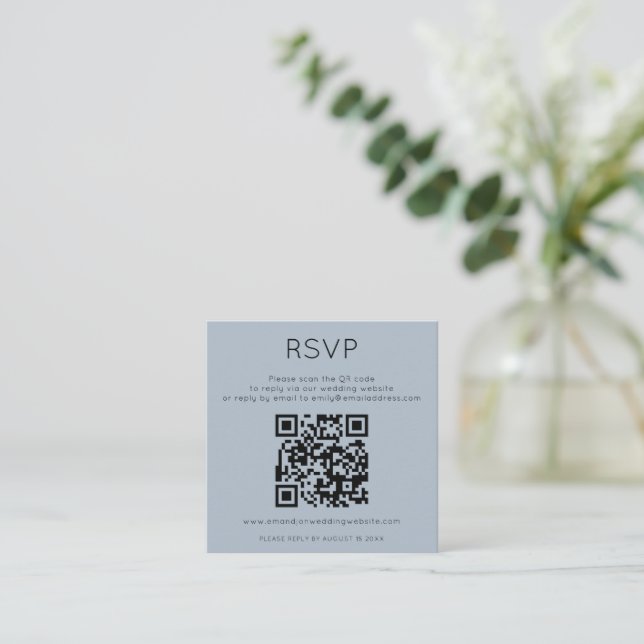 Minimalist QR Code Dusty Blue Wedding RSVP Enclosure Card (Standing Front)