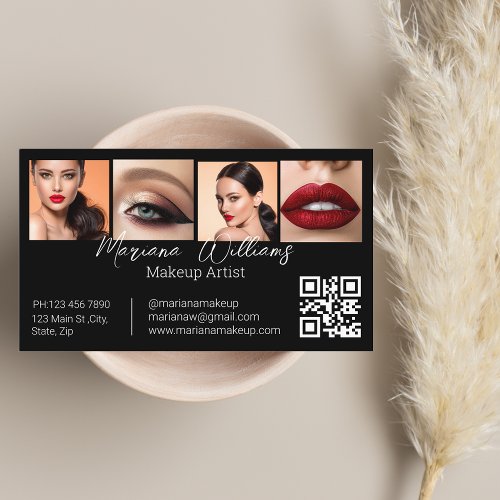 minimalist qr code makeup artist 4 photos black business card