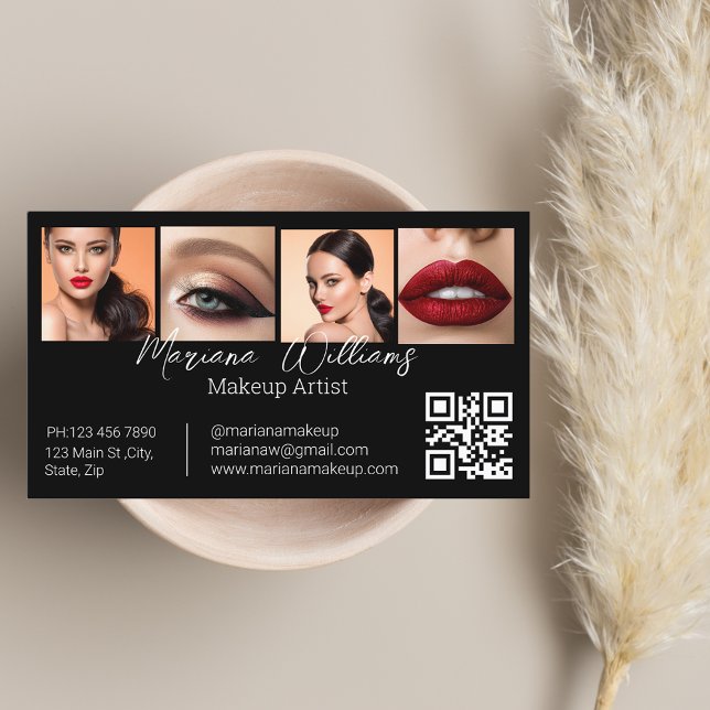 minimalist qr code makeup artist 4 photos black business card (Creator Uploaded)