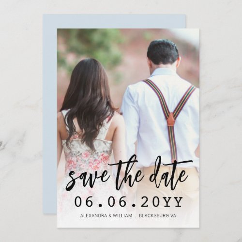 Minimalist QR Code Photo Script Dusty Blue Wedding Save The Date