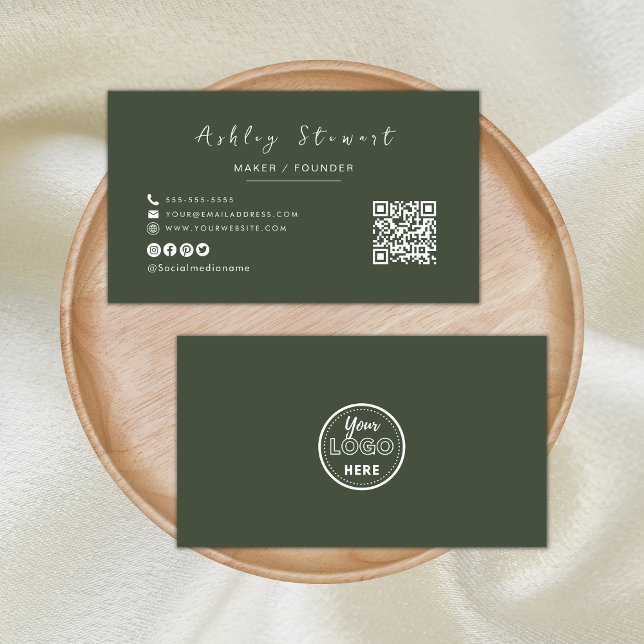 Minimalist Qr Code Professional Logo Forest Green Business Card (Creator Uploaded)