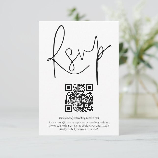 Minimalist QR Code Script Wedding RSVP Card (Standing Front)