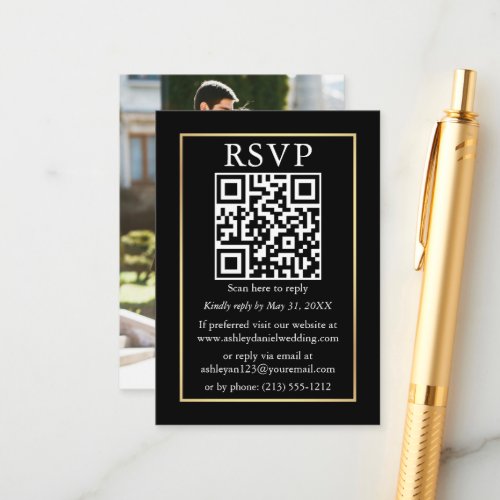Minimalist QR Photo Wedding Gold Black RSVP Enclosure Card