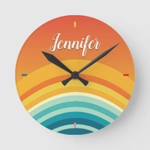 Minimalist Rainbow Custom Name Round Clock