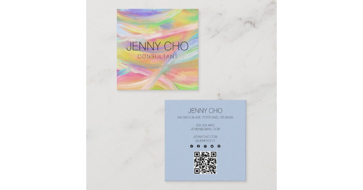 Minimalist Rainbow Painting QR Code Social Icons Square Business Card ...