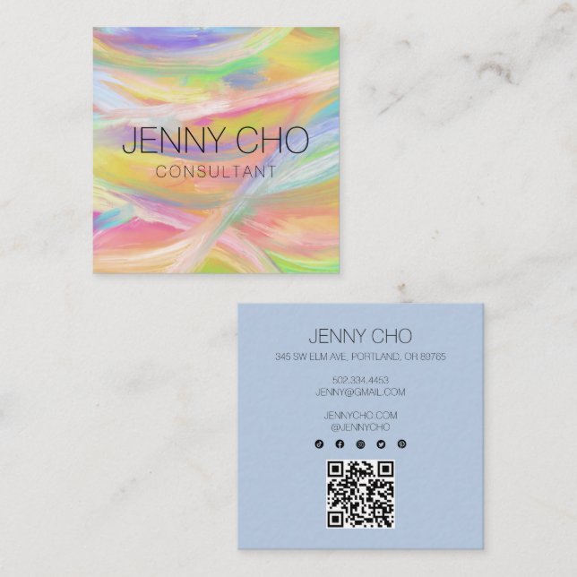 Minimalist Rainbow Painting QR Code Social Icons Square Business Card (Front/Back)