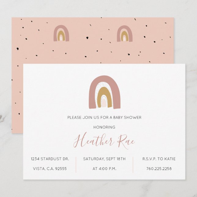 Minimalist Rainbow Theme Blush Mustard Pink Baby Invitation (Front/Back)