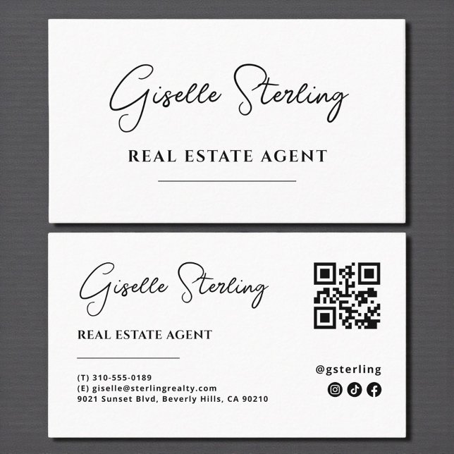 Minimalist Real Estate Agent QR Code Script Business Card (Creator Uploaded)