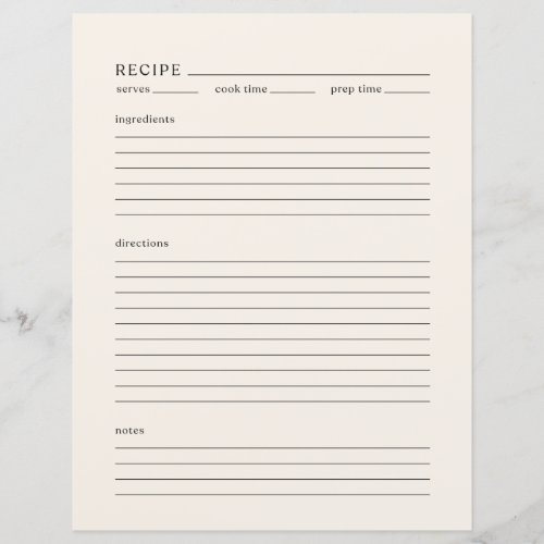 Minimalist Recipe Page Letter Size Modern Cream