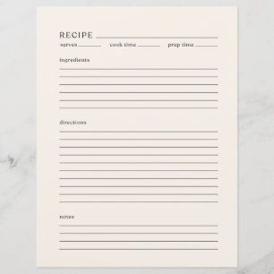 Minimalist Recipe Page Letter Size Modern Ivory