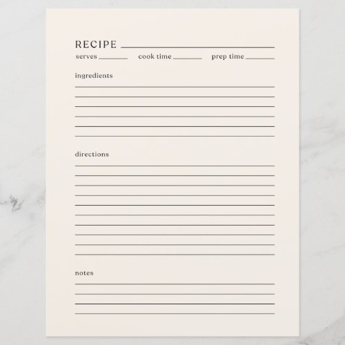Minimalist Recipe Page Letter Size Modern Ivory