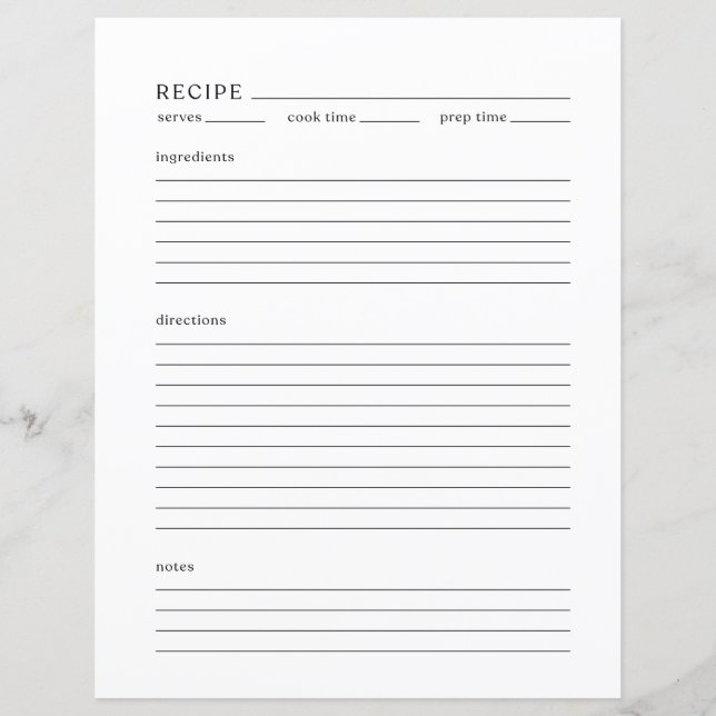 Minimalist Recipe Page Letter Size | Modern Style (Front)