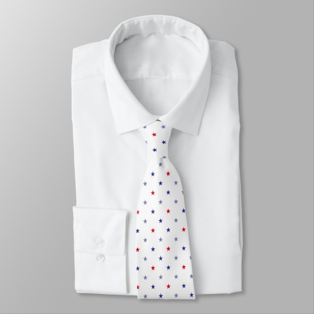 Minimalist Red and Blue Small Stars Pattern  Neck Tie (Tied)