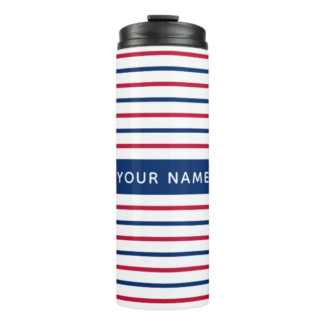 Minimalist Red and Blue Stripes Modern Pattern Thermal Tumbler (Front)