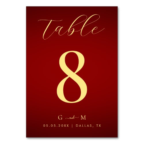 Minimalist Red and Gold Monogram Elegant Wedding Table Number