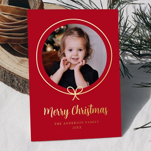 Minimalist Red and Gold Ribbon Photo Foil Holiday Card